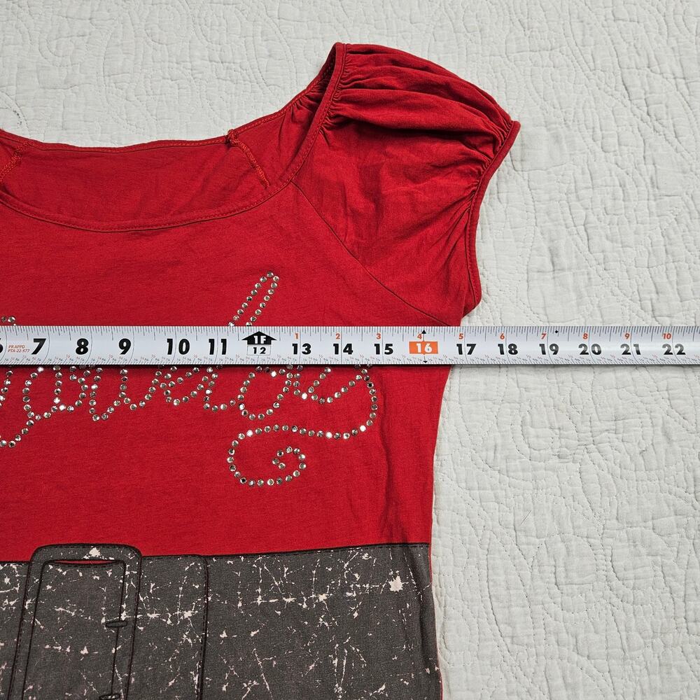 Y2k Euro Graphic Top Rhinestone McBling Red Short Sleeved - Large - Picture 4 of 5